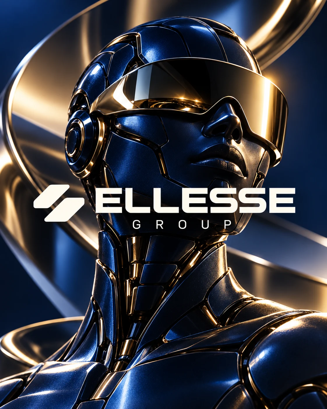 Robot futuristico Ellesse Group blu notte e oro, simbolo dell’incontro tra visione e tecnologia